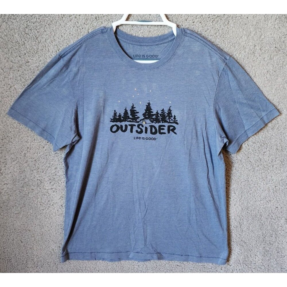 Life is Good Cool Tee Blue Outsider Camping Outdoor Graphic T-Shirt Size Large